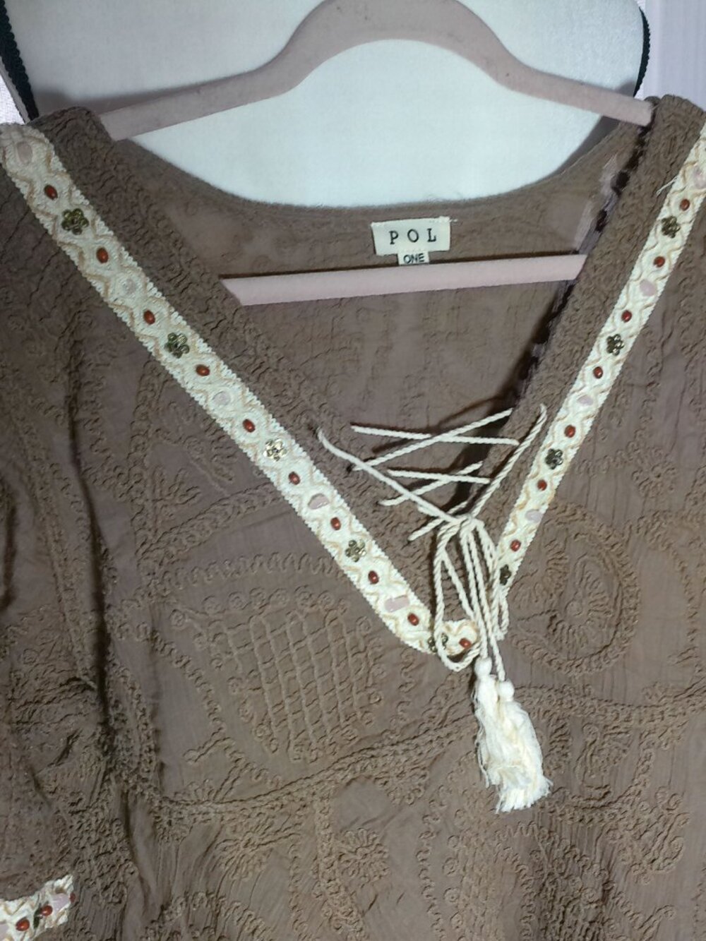 POL Short Slve Tie V-Neck Embroidery & Beading Through-Out Cocoa Brown Sweater 1 - Picture 2 of 10
